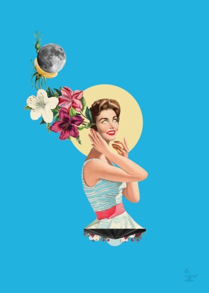 Artwork I'm listening, displaying a cyan background with a woman having flowers coming out of her ear and connecting to the moon.